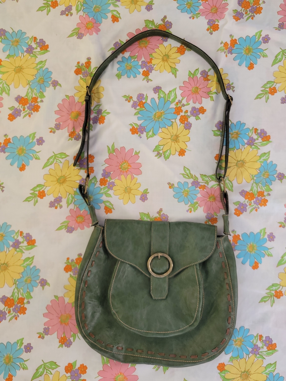 Green Leather Crossbody Bag with Ring Accent